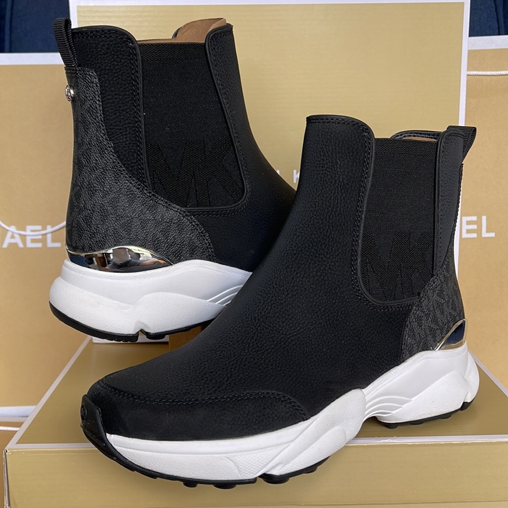 Michael Kors Black and White Chelsea-Style Platform Sneaker Booties